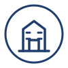 Simple blue outline of a house with a front porch, enclosed in a blue circle on a light gray background—ideal for representing the approachable guidance offered by a DC area college admissions consultant.