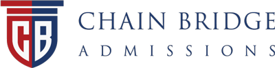 Chain Bridge Admissions logo with blue and red shield featuring "CB" initials, and the company name written in blue and red text to the right.