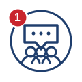 Icon of three people with a speech bubble above them and a red notification badge with the number one in the top left corner, representing timely updates or messages from your DC area college admissions consultant.