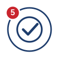 A blue check mark in a circle with a red notification badge displaying the number 5 in the top left corner, representing timely updates from your trusted DC area college admissions consultant.