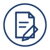 Blue icon of a sheet of paper with two lines, accompanied by a pencil, enclosed in a circle on a light background—an ideal visual for representing the expertise of a DC area college admissions consultant.